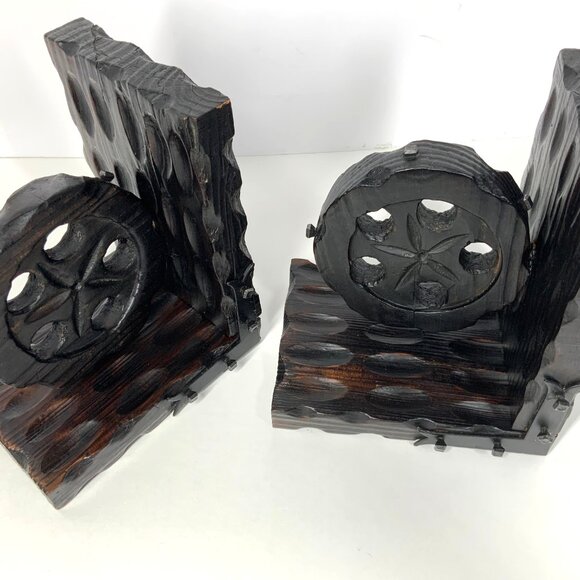 Mid Century Brutalist Style Bookends Industrial Pulley Wood & Iron Made in Spain - Picture 9 of 10